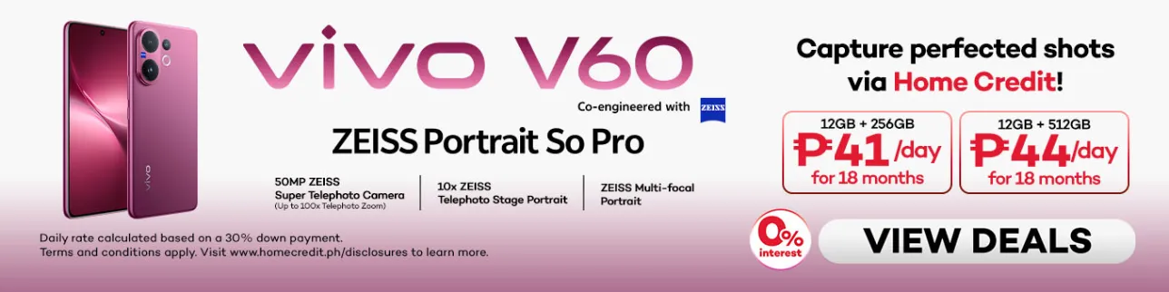Banner showing Vivo V60 for as low as P41 per day. 