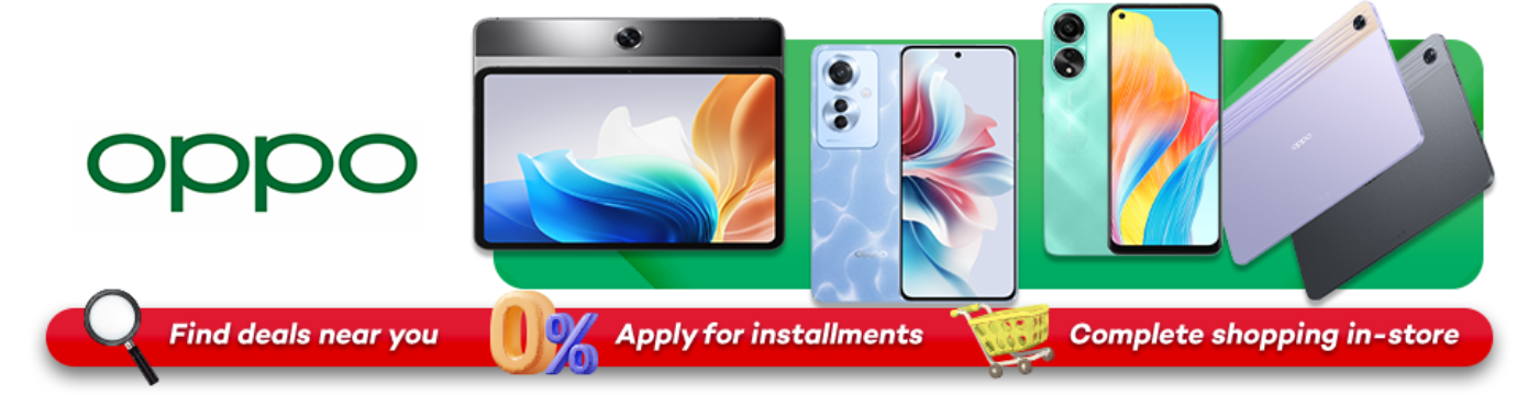Banner featuring Oppo reno 11 5G, Oppo A78 and Oppo Pad Air available at homecredit