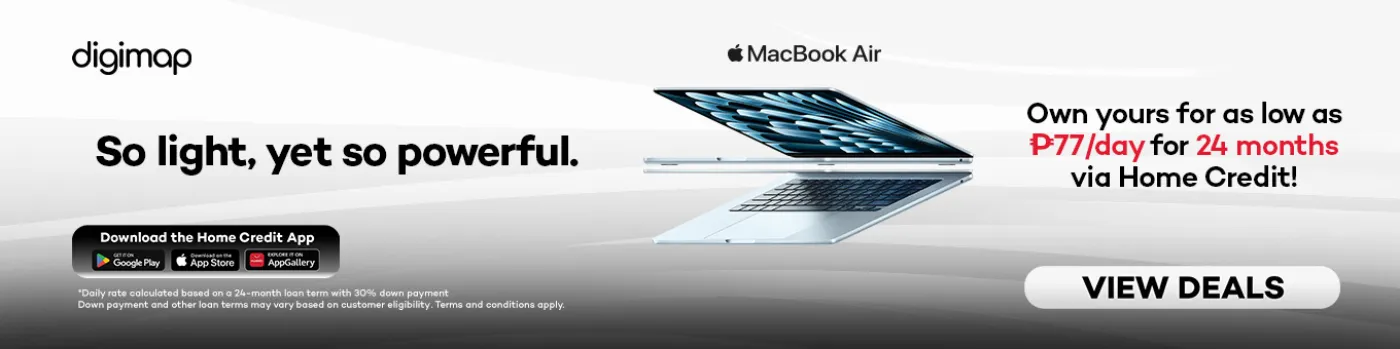 Banner showing Apple Macbook Pro M5 available at Digimap for as low as P77 per day!