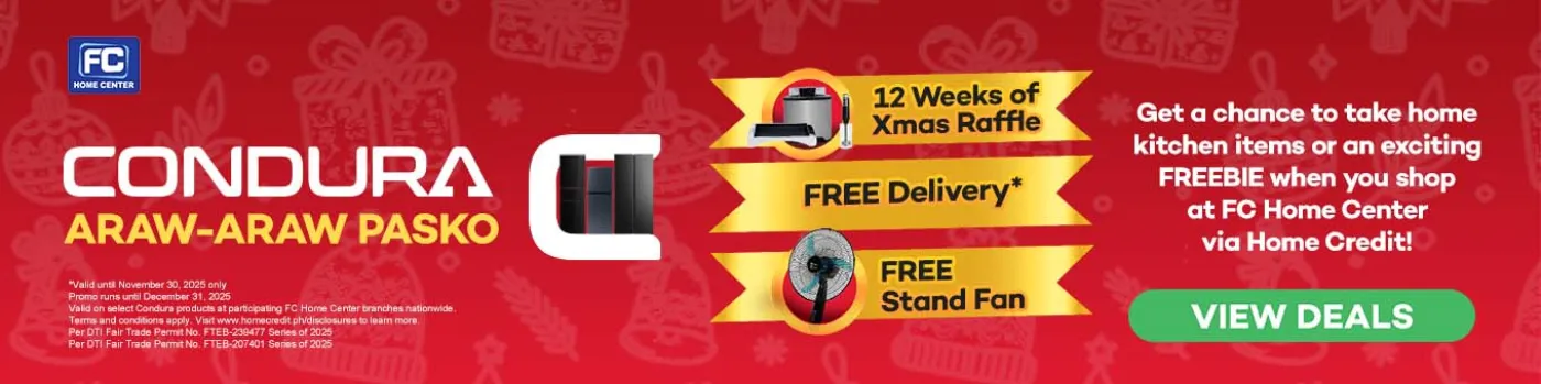 Banner showing FC Home X Condura Araw Araw Pasko Promo