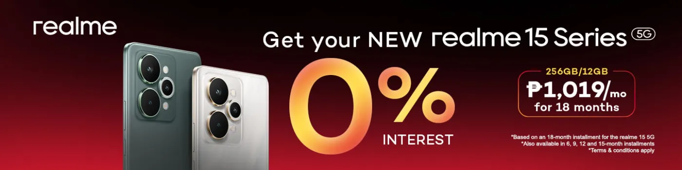 Banner showing Realme 15 Series for as low as P1019 per month at shoppingmall.