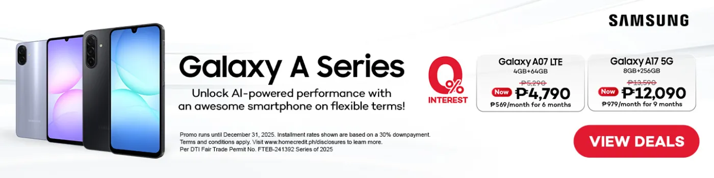 Banner showing Samsung Galaxy A Series at 0% interest.